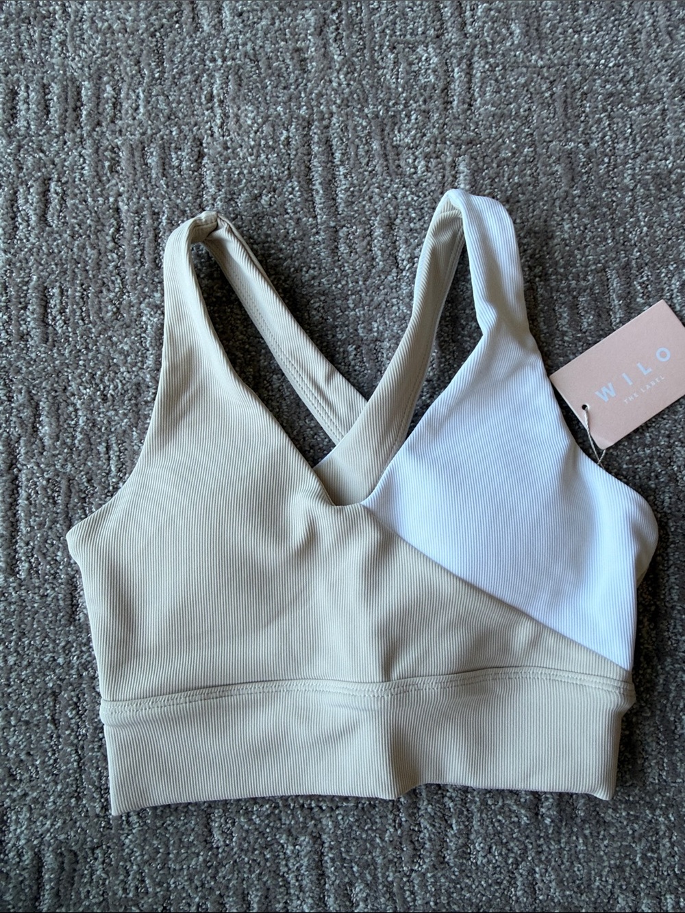 Wilo clay & white Leggings, Bike Shorts & Sports Bra Set-Ribbed - Picture 2 of 11